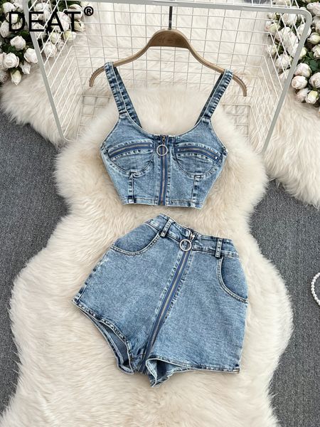 

womens two piece pants deat vintage fashion denim set backless zipper strap high waist wide leg shorts trend spring 11xx01026 230320, White