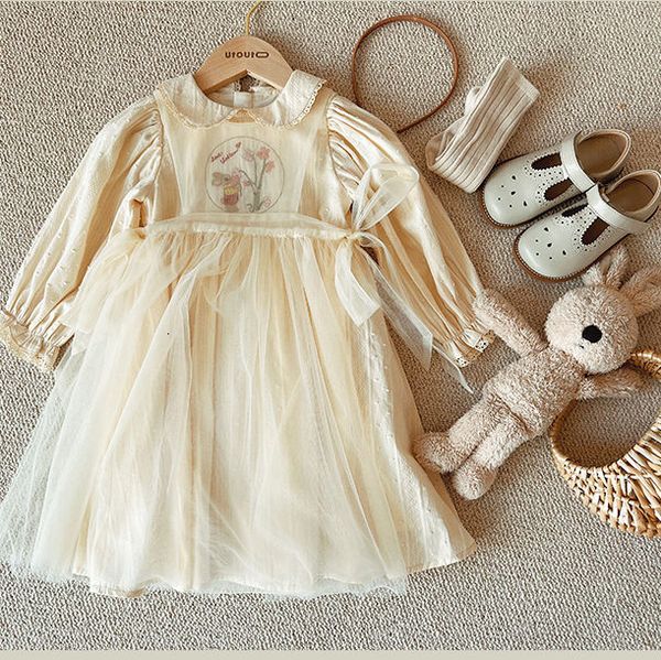 

girl's dresses dress a-line knee length turn-down collar full sleeve pullover embroidery floral sweet fashion comfortable autumn girls, Red;yellow