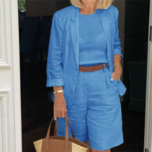 

women's two piece pants autumn fashion solid color set women casual blazer coat elastic waist shorts outfits ensemble femme 2 230317, White