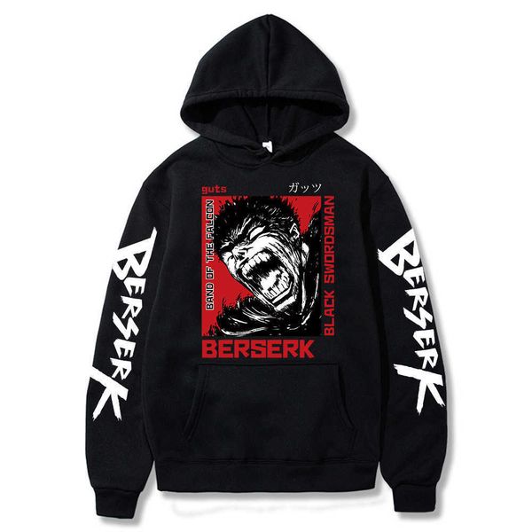 

men's hoodies anime print berserk sword legendary gustav suede student pullover hoodie, Black