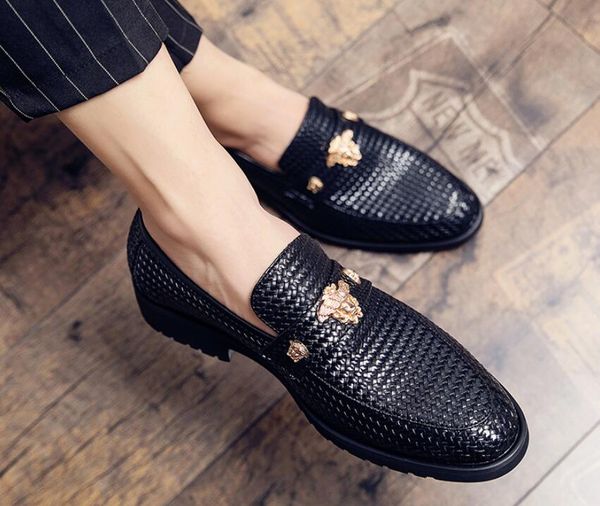 

men genuine leather designer slip on dress shoes brogues wedding party business flats classic brand casual loafers plus size: eu39-47, Black