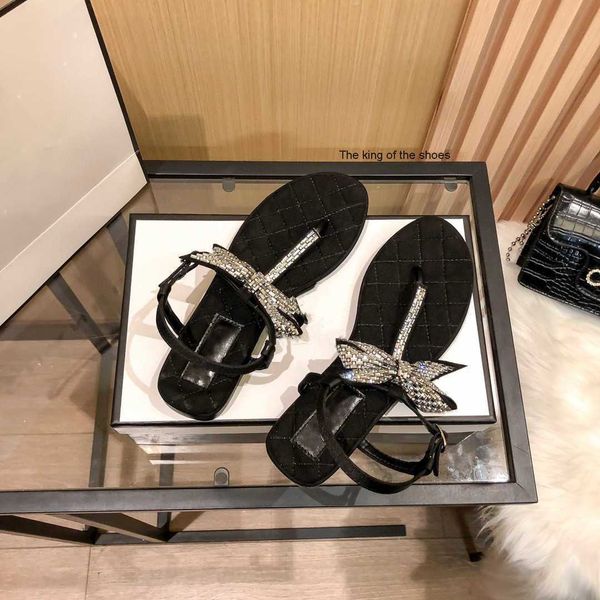 

slippers small fragrant flat bottom rhinestone sandals new high version women's with bow casual beach shoes t2302111, Black