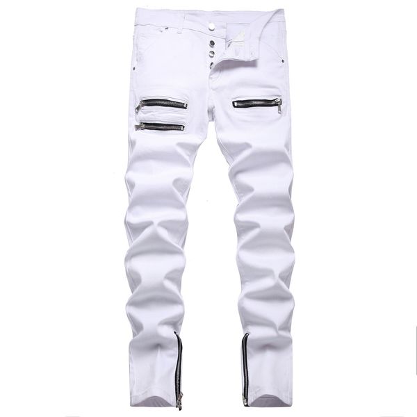 

men's jeans punk men zipper hip hop slim fit white bike elastic split denim pants cotton fashion casual jogging male clothing 230320, Blue