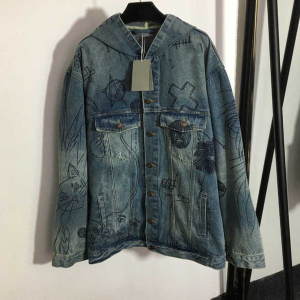 

23ss designer brand womens cowboy coat fashion graffiti print monogram single breasted long sleeved hooded denim coat women clothing a1, Black;brown