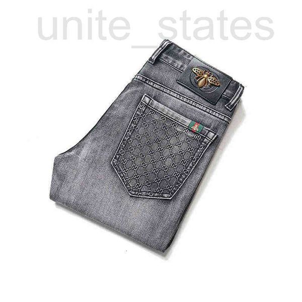 

men's jeans designer grey spring and summer little bee fashion brand stretch slim fit small foot straight casual pants oxm5, Blue