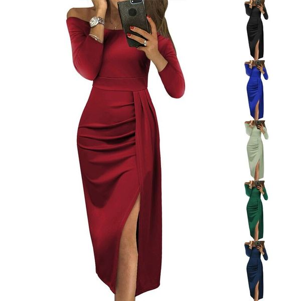 

women's autumn new dress long dress solid off shoulder split dress, Black;gray