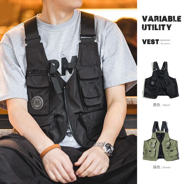 

men's vests maden men multipocket tactical vest jacket bag japan retro multifunction pography waistcoat wide shoulder strap solid 23032, Black;white