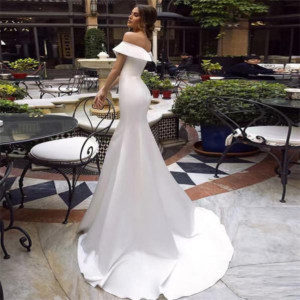 

french style satin off shoulder mermaid light luxury wedding dress fn8441, White