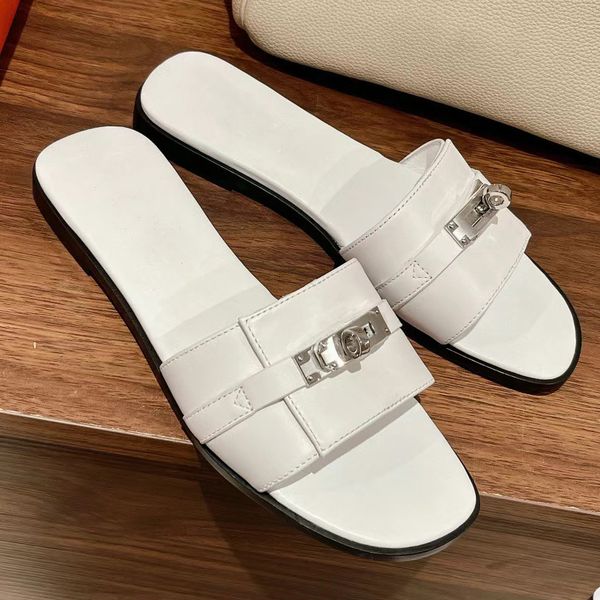 

kelly buckle slippers designers casual sandals open toe womens shoe 100% cowhide sandal large size 35-42 flat bottom slipper with box, Black