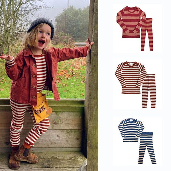 

clothing sets mabli autumn winter girls boys underwear pajamas set striped loungewear long sleeve sweater tight fitting kids knitted 230317, White