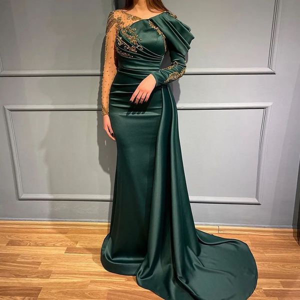 

elegant women evening dress 2023 sparkly lace sequined mermaid long puffy sleeves satin prom formal gowns abendkleider dubai robe de soiree, Black;red