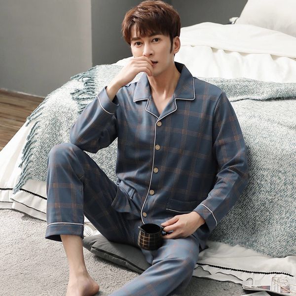 

men's sleepwear spring autumn pajamas for men 2 piece sets cotton pjs sleepwear fashion plaid home clothes for men long sleeves nightgo, Black;brown