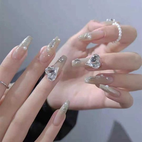 

false nails 56 fake nail patches ptherapy enhancement finished product shiny gradual change love diamond removable wearing high end bride s, Red;gold