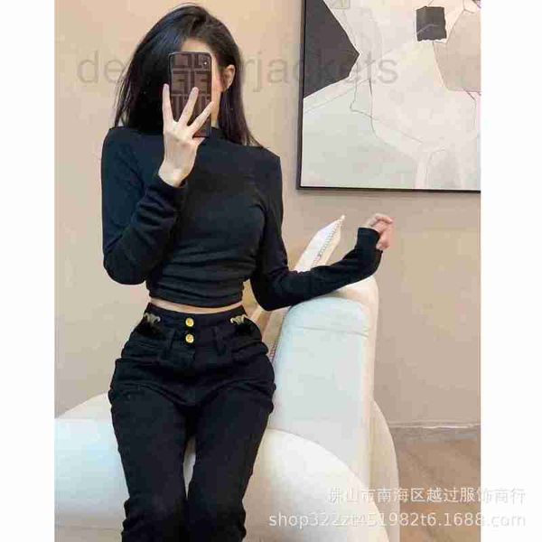 

women's jeans designer early spring new classic arc de triomphe metal double button waist elastic slim fit black denim pencil pants wom, Blue