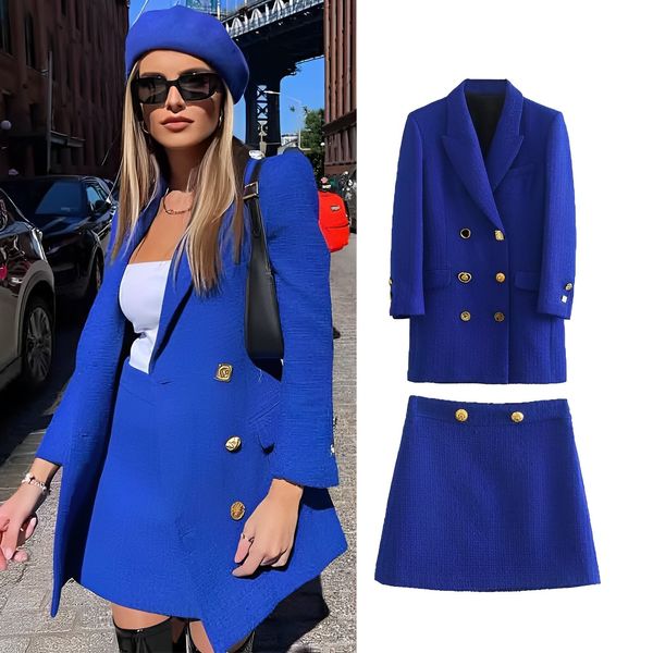 

two piece dress autumn women blue lapel doublebreasted long suit jacket textured skirt fashion temperament twopiece autumn casual suit skirt, White