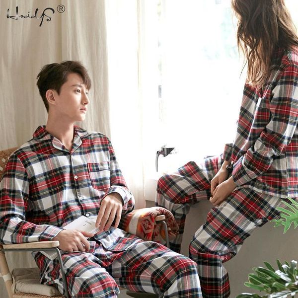 

men's sleepwear plaid print couple pajamas set autumn and winte warm cotton women and men pyjamas long sleeve sleepwear men lounge pija, Black;brown