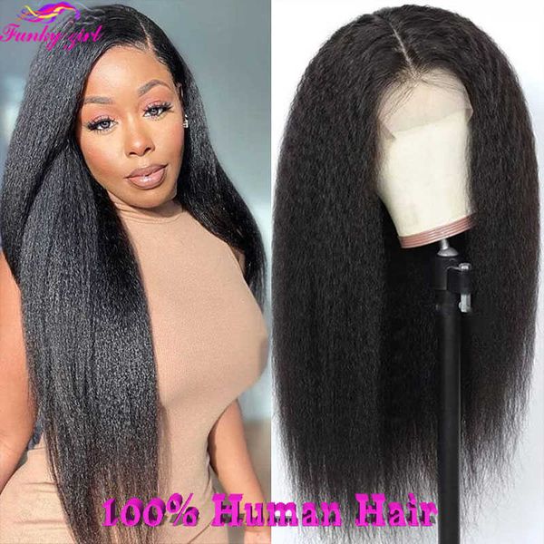 

synthetic wigs transparent lace human hair wig kinky straight part s for women brazilian yaki 180% density remy 230227, Black