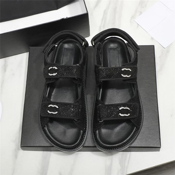 

summer popular women sandals 2023 channel luxury brand business dress wedding party leather high heels casual flat slippers 08-043, Black