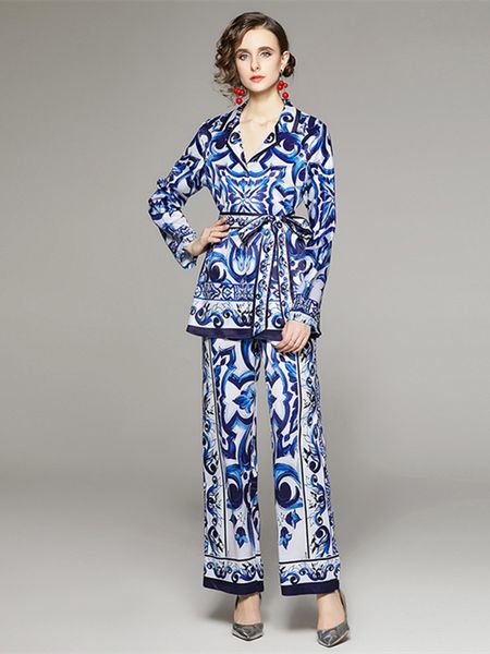 

womens two piece pants autumn blue and white porcelain print trousers suit womens belt notched blouse wide leg pants set silk pajama outfits