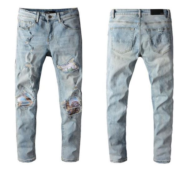 

2021 tikmens jeans distressed motorcycle biker jean rock skinny slim ripped hole stripe fashionable snake embroid6974811, Blue