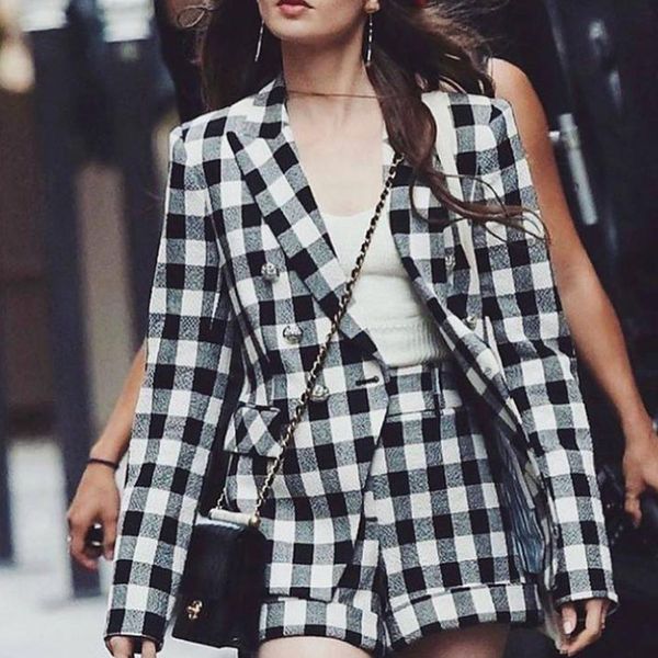 

womens two piece pants emily in paris same classic black and white plaid set suit coat high waist shorts elegant tweed blazers fashion 23032