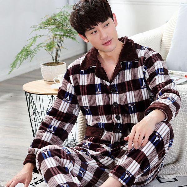 

men's sleepwear warm plaid pajamas set man thick sleepwear for men soft comfortable pyjama women's flannel fashion homewear clothe, Black;brown