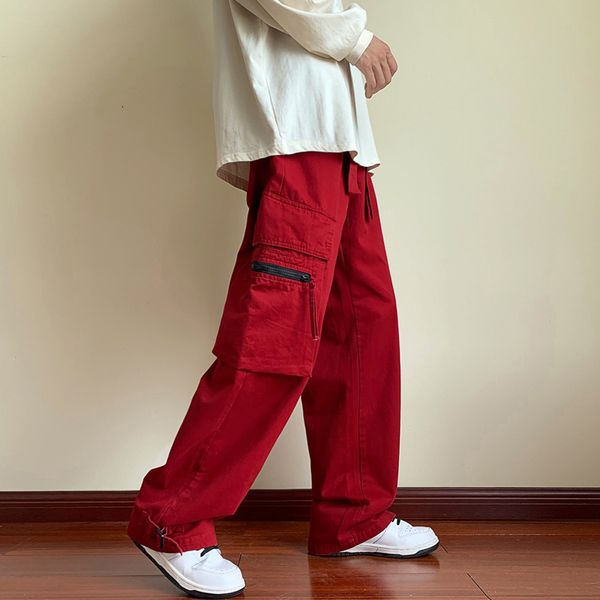 

men's pants red black cotton cargo pants men fashion pocket casual pants men japanese streetwear hip hop loose straight pants mens trou