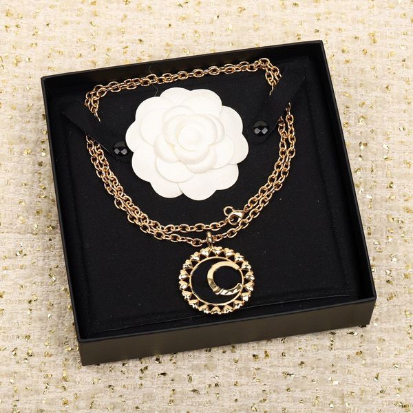 

2023 luxury quality charm pendant necklace round shape with hollow design long chain design have box stamp ps7629a, Golden