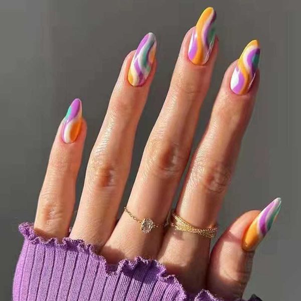 

false nails water drop type nail wearing colorful stripes gorgeous atmospheric piece enhancement patch false ballet 230320, Red;gold
