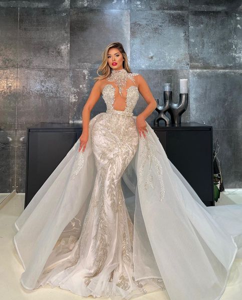 

luxury mermaid wedding dresses sleeveless v neck halter appliques sparkly sequins beaded detachable train floor length lace bridal gowns cus, White