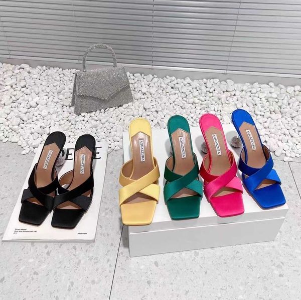 

aquazzura latest women high heeled slippers designer sandals stiletto mules diamond ball metal heel 10.5cm silk slip-on open toe summer work, Black