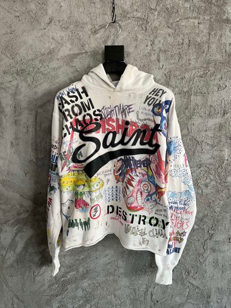 

falection mens 23ss saint michaels graffiti printed heavy cotton hoodie holes sweatshirt men pullover, Black