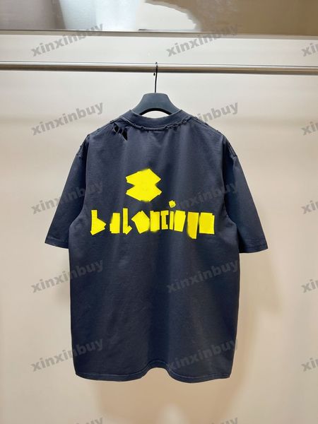 

xinxinbuy men designer tee t shirt 23ss paris tape destroyed short sleeve cotton women black white khaki oversize xs-l, Black;brown