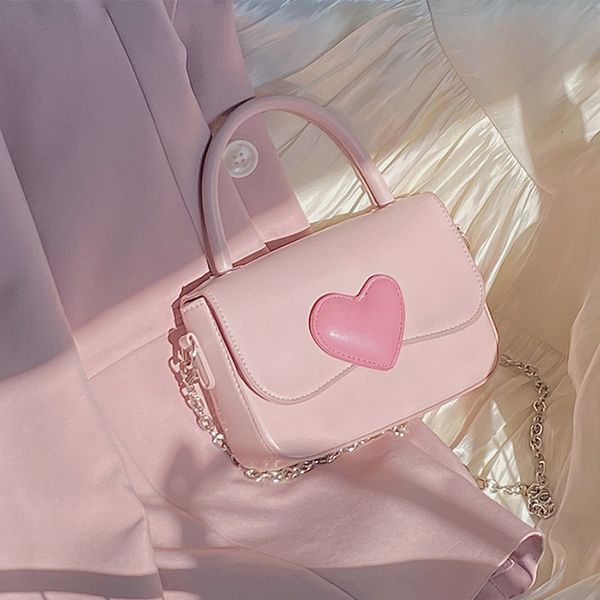 

evening bags pink heart girly small square shoulder bag fashion love women tote purse handbags female chain handle messenger gift 230320