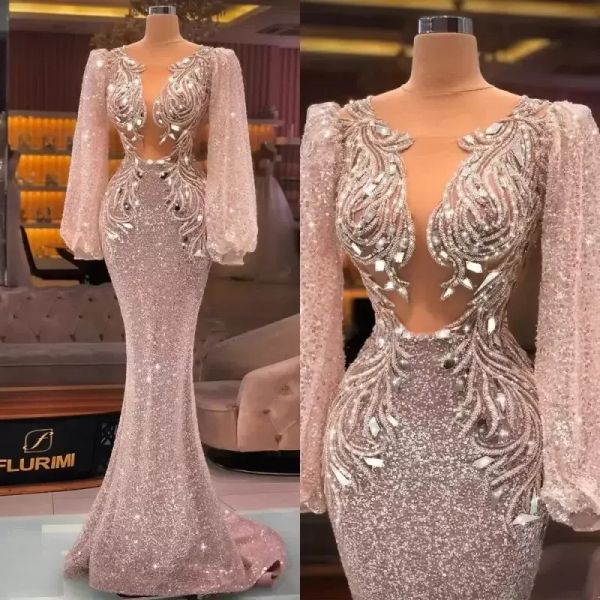 

2023 light pink evening dresses long sleeves mermaid crystals sequins applique illusion floor length plus size pleats prom gown formal custo, Black;red