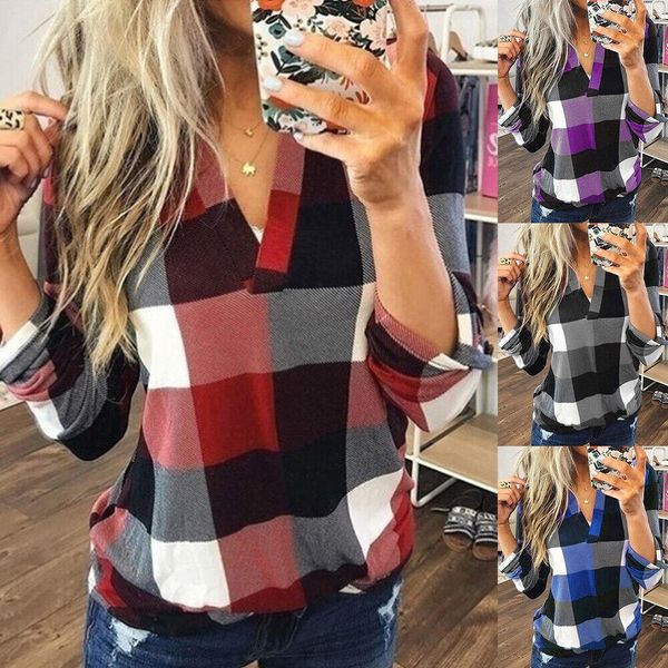 

women's polos vplus size womens v neck loose blouse ladies plaid check long sleeve t shirt lady casual pullover fashion 230317, White