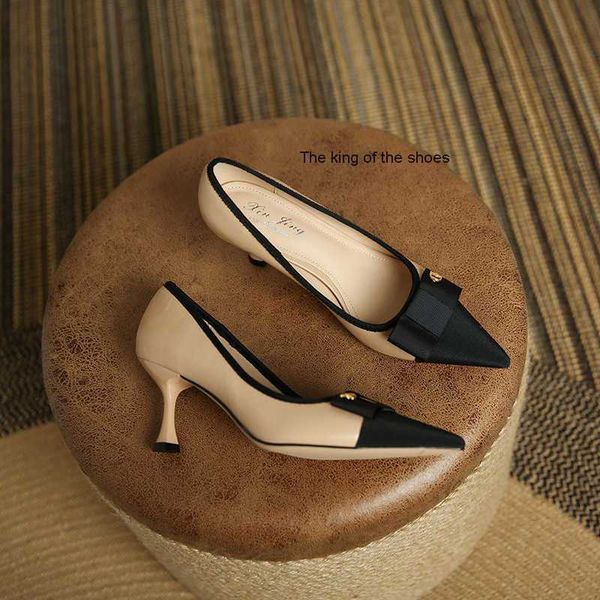 

small fragrant pointed color-blocking slim heel shoes bowknot high heel shoes women's banquet fashion, Black
