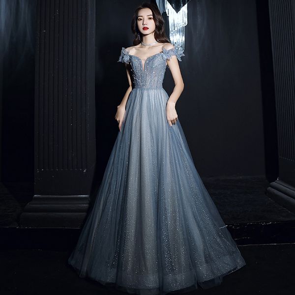

haze blue prom dresses crystal beading applique boat neck off shoulder tulle a-line banquet lace up long host party evening gown, Black