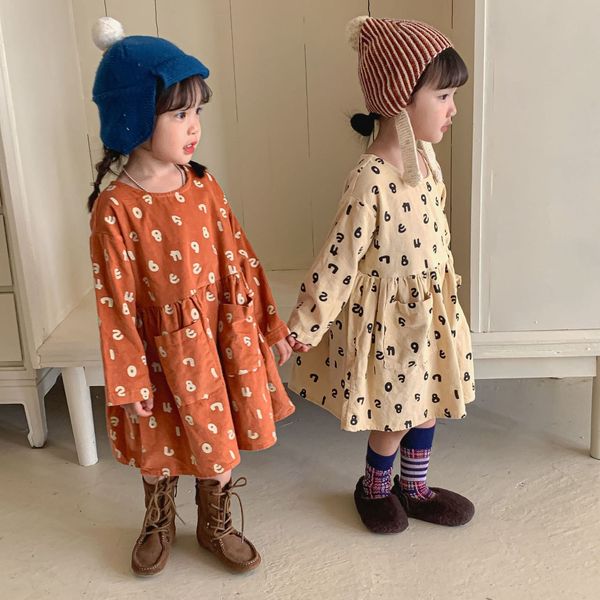 

girl's dresses autumn winter fashion number printed corduroy dresses cute baby girls warm long sleeve princess dress 230320, Red;yellow