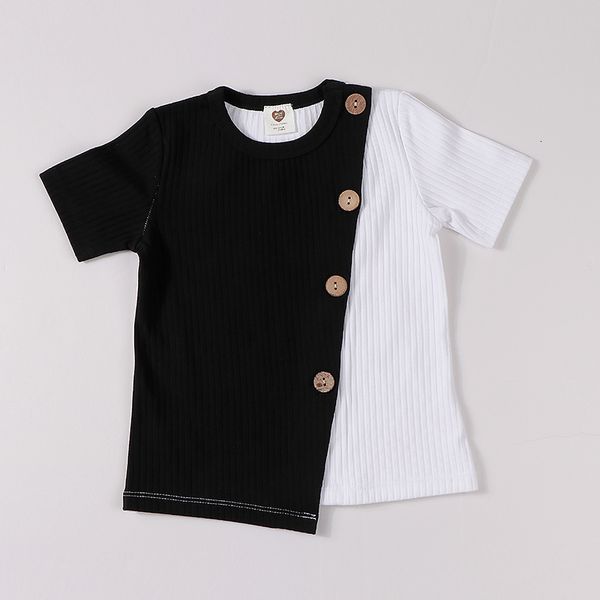 

t shirts kids clothes t shirt baby girls and boys round neck short sleeves fashion children t shirt ribbed contract patched color 230317, Blue