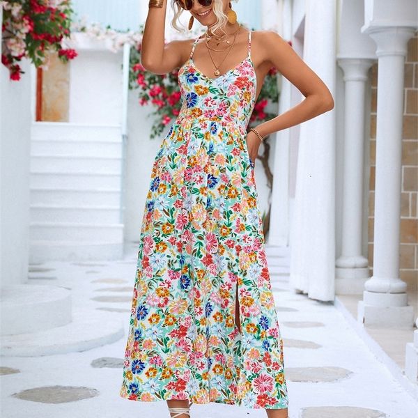 

casual dresses chifirena backless halter long dress for women sleeveless spaghetti strap floral print vestidos elegant party beach bohe robe, Black;gray