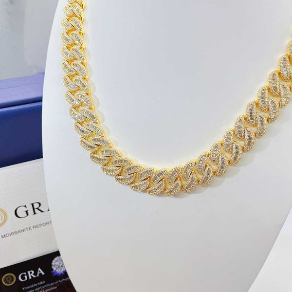 

hip hop jewelry moissanite baguette vvs moissanite diamond 18mm iced out necklace 925 silver cuban link chain