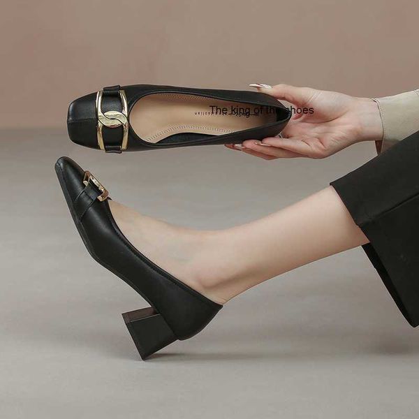 

dress shoes small fragrant thick heel square head single shoes spring 2022 temperament metal buckle black shallow mouth soft sole leather