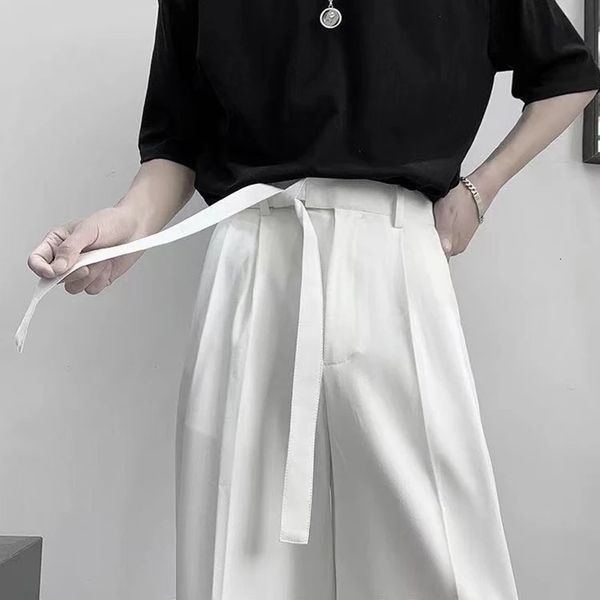 

men's pants harajuku fashion casual wide leg oversize with belt korean style streetwear trousers for men soild color white 230317, Black