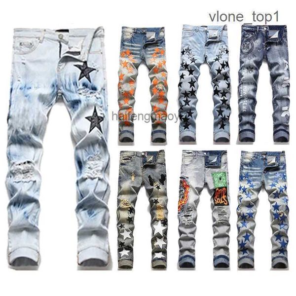 

jeans varsity men european jean hombre letter star skinny embroidery patchwork ripped s trend brand motorcycle pant 2a3k, Blue
