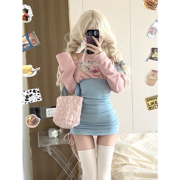 

party dresses pink blue off shoulder girl sweetheart pleated hip wrap short skirt women's autumn south korea japan 230320, White;black