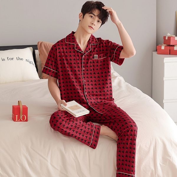 

men's sleepwear summer plus size short sleeve long pants cotton pajama sets for men korean sleepwear suit pyjama male homewear home clo, Black;brown