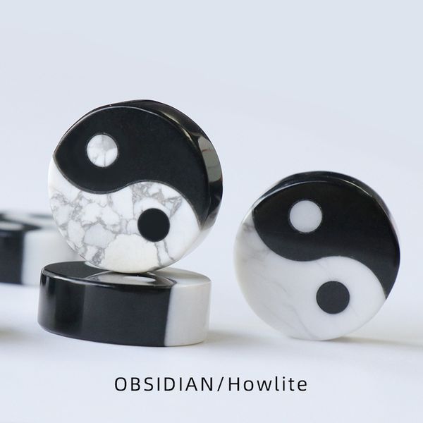 

natural stone obsidian howlite white and black tai chi yin yang gossip charm bagua logo handle piece decorative trinket
