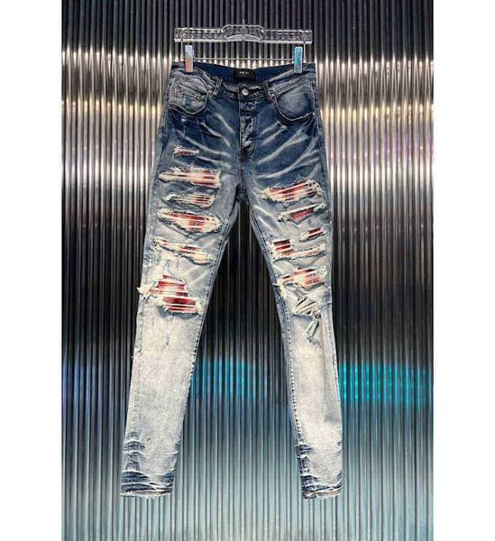 

fashion patch jeans new high street 2023 brand washed blue worn hole plaid amirs men slim legged jeans men hip hop3796774