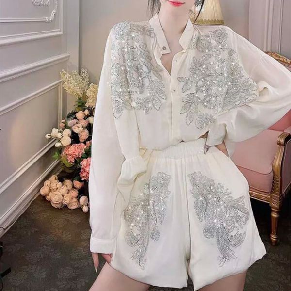 

womens two piece pants women flowers embroidery sequined singlebreasted chiffon shirts loose widelegs beaded shorts summer sunscreen cardiga, White